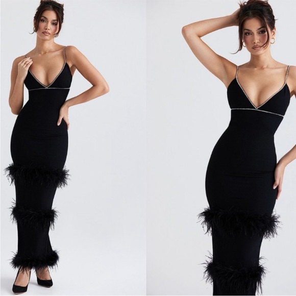 House of CB Maricel Crystallized rhinestone Fringe Ostrich feather Maxi Dress XS - Picture 2 of 11